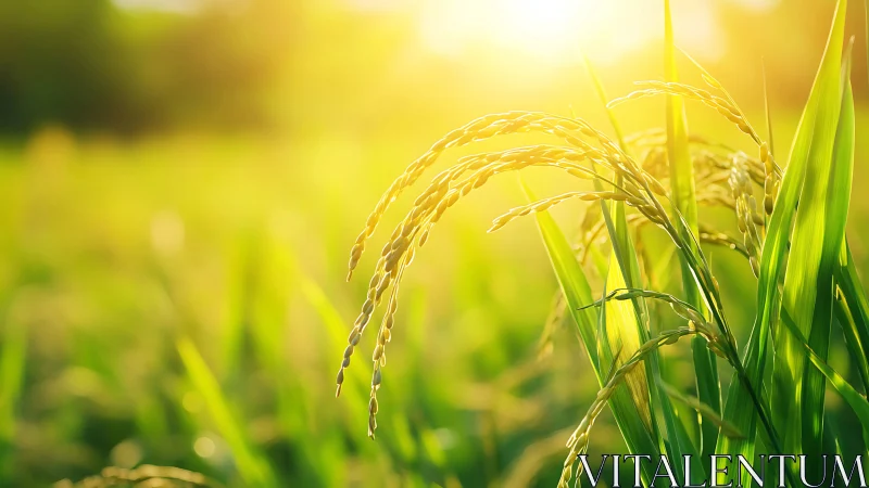 Sunlit rice stalks glow against soft golden background.