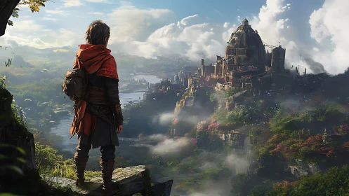 Young adventurer overlooking vast domed fantasy citadel.