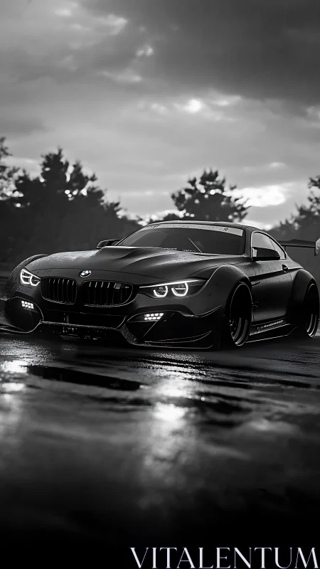 Widebody BMW coupe in moody monochrome rain-soaked scene.