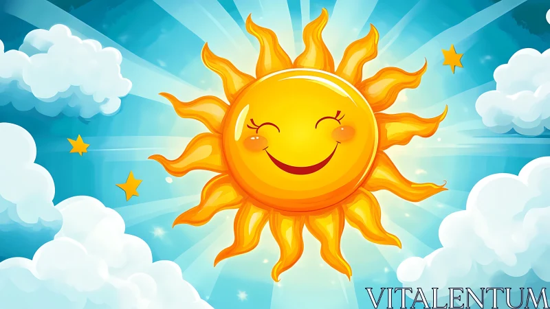 Smiling sun beaming warmly among soft clouds and stars.