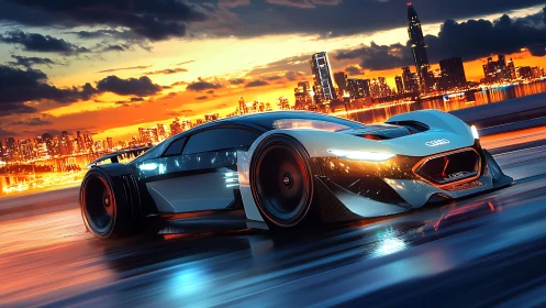Futuristic Audi hypercar in high-speed neon coastal transit.