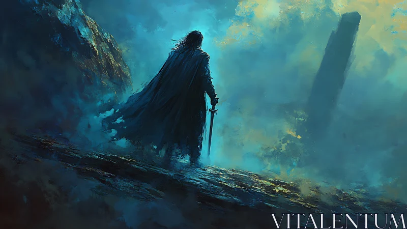 Solitary cloaked figure with sword in misted rocky terrain.