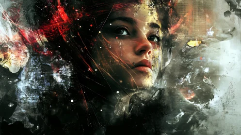 Female face emerges from abstract digital brushwork and light