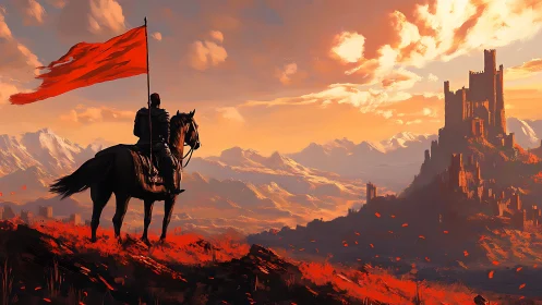 Lone armored rider with red banner facing distant fortress.