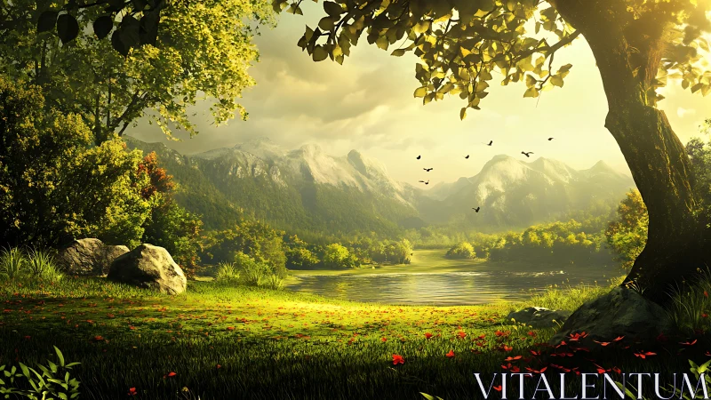 Sunlit forest clearing opens onto tranquil mountain lake.