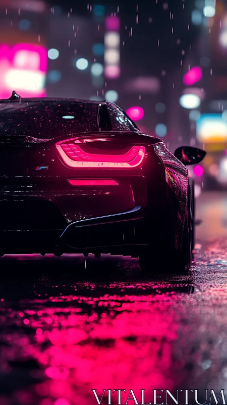 Neon-soaked coupe idling in rain-slick cyber city glow.