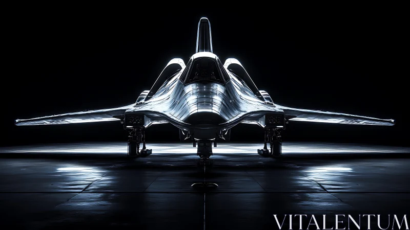 Stealth aircraft front view in dark hangar with strong lighting.