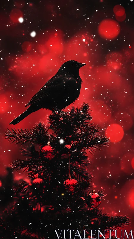 Silhouetted crow atop decorated fir under red bokeh snowfall
