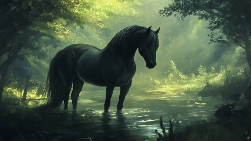 Shadowlit forest stallion pauses where sunlight drinks mist