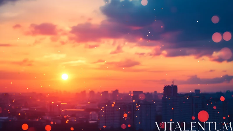 Urban skyline silhouette under orange sunset sky with bokeh.