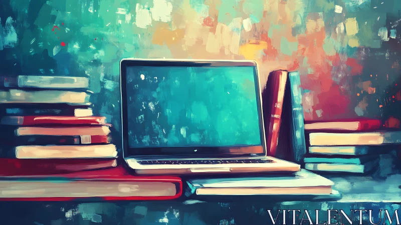 Laptop rests among colorful books in digital study scene.
