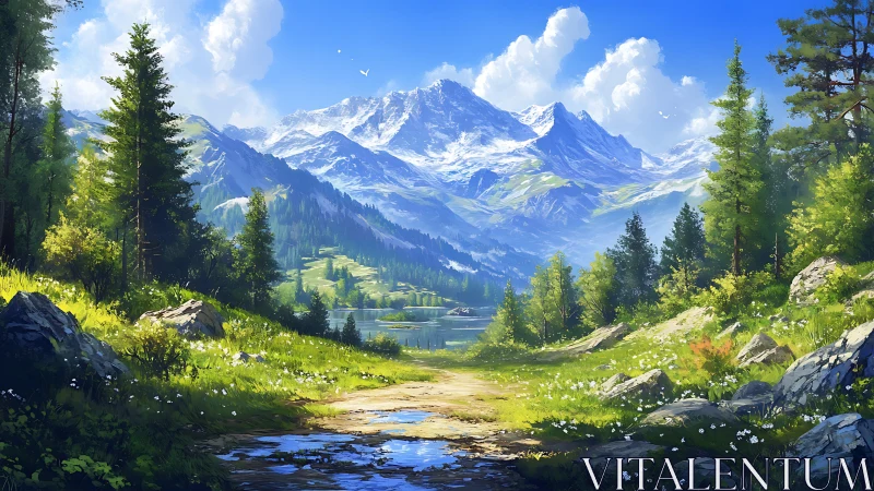 Snowcapped mountain range above forested lake valley.