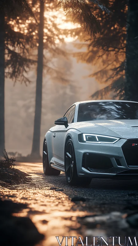 Sleek white sports car greets a misty forest sunrise warmly