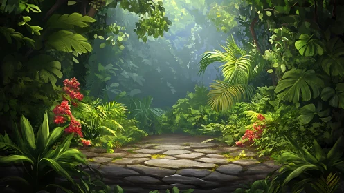 Jungle pathway with stone floor and flowering vegetation