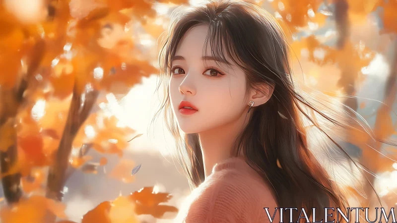Autumn portrait of girl amid glowing orange foliage.
