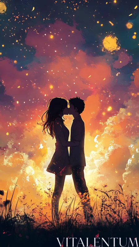 Silhouetted Couple Against Celestial Blaze.