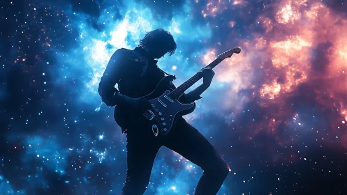Silhouetted rock guitarist framed by luminous cosmic nebula.