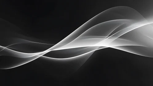Monochrome flowing light waves with layered translucent ribbons.