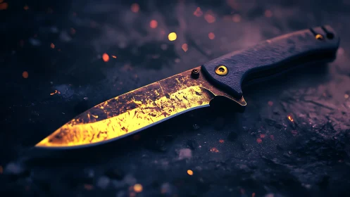 Glowing Blade: A Folding Knife Ignited in Artistic Firelight.