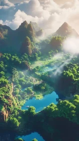 Voxel jungle mountains rise above misty lakes and clouds.