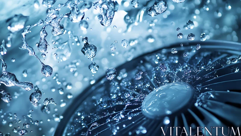 Water splashes burst over spinning turbine under cool light