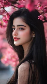 Portrait of serene dark-haired woman in pink blossoms.