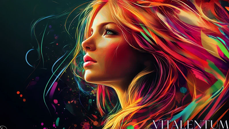 Digital portrait profile of woman with neon flowing hair stream