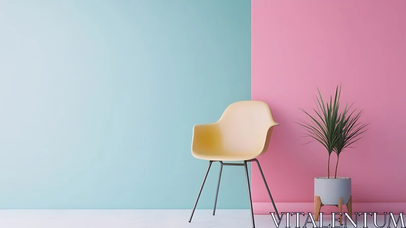 Pastel modern interior with yellow chair and plant contrast.