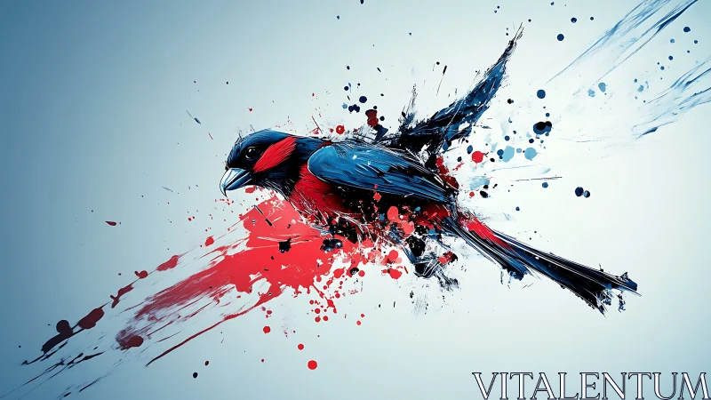Abstract digital bird with dynamic red and blue splashes.