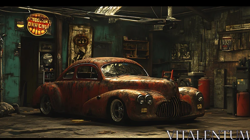 Rust-drenched classic dreaming in a dim junkyard chapel.