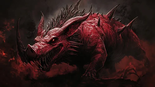 Demonic boar-like creature with spikes in smoky red void.