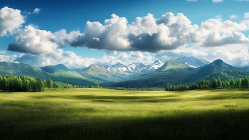 Sunlit alpine meadow stretches before distant snow peaks