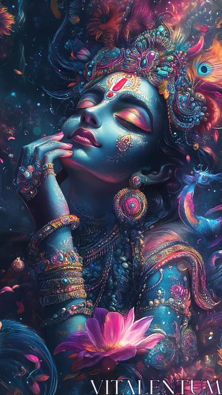 Divine blue goddess portrait with ornate jeweled adornments.