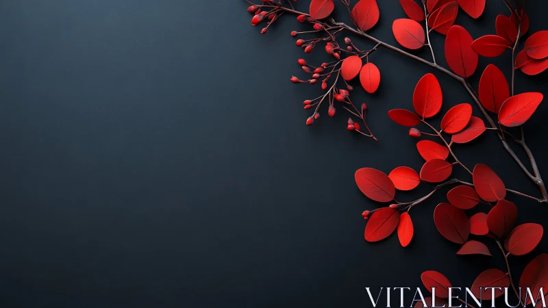 Red leaves branch on dark minimalist background, side composition.
