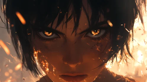 Fiery-eyed warrior stares ahead through drifting embers.