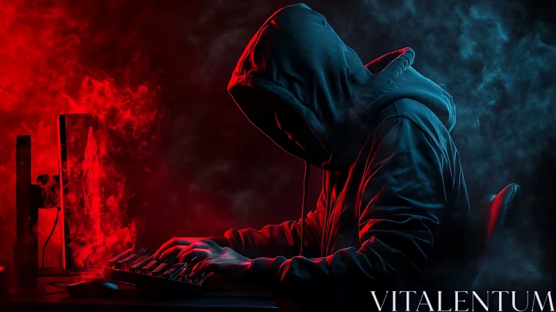 Cyberpunk hooded hacker in dual red blue rim lighting scene.