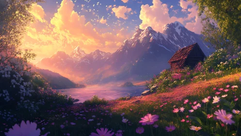 Sunlit alpine lake valley with wildflowers and wooden cabin.