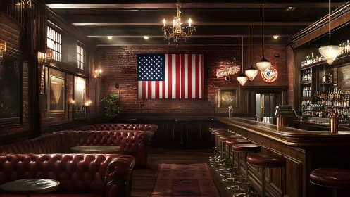 Cozy vintage bar with warm lights and a proud flag display.