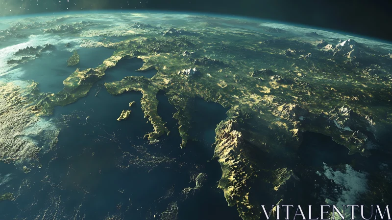 Oblique orbital view of European peninsula and coastline.