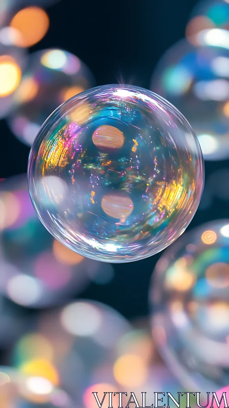 Prismatic soap bubble drifts through neon-tinted dreamlight.