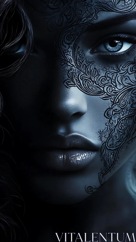 Blue toned female portrait with ornate facial tattoo pattern.