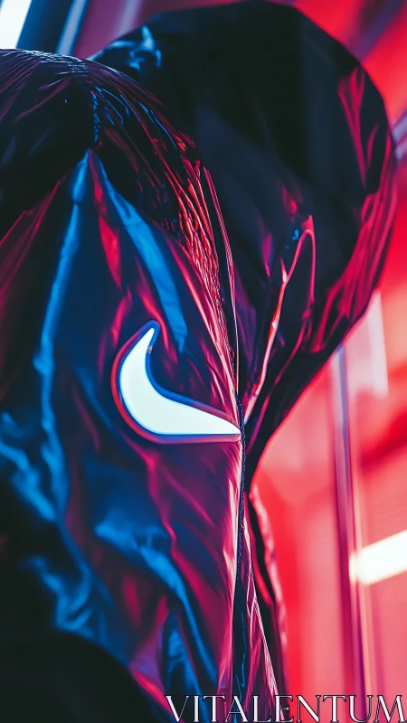 Neon-lit mask structure with red and blue light.