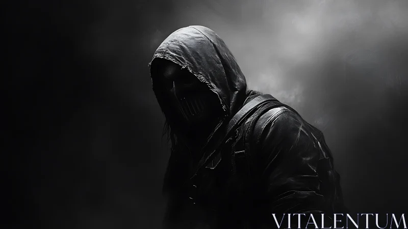 Hooded masked figure emerges from chiaroscuro cyber-noir haze
