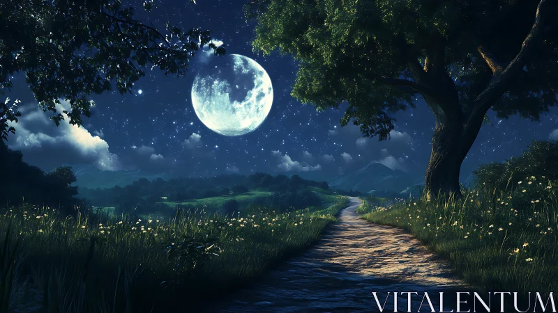 Moonlit country path under luminous night sky glow.