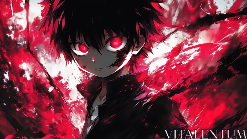 Dark haired anime figure stands amid red abstract energy field