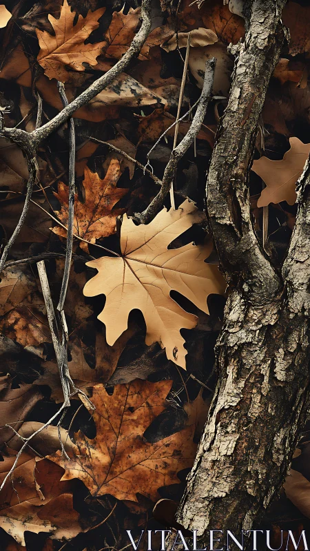 Fallen oak leaves and tree bark in muted autumn tones.