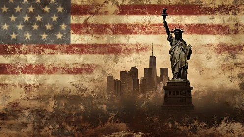 Statue of Liberty over grunge USA flag and skyline.