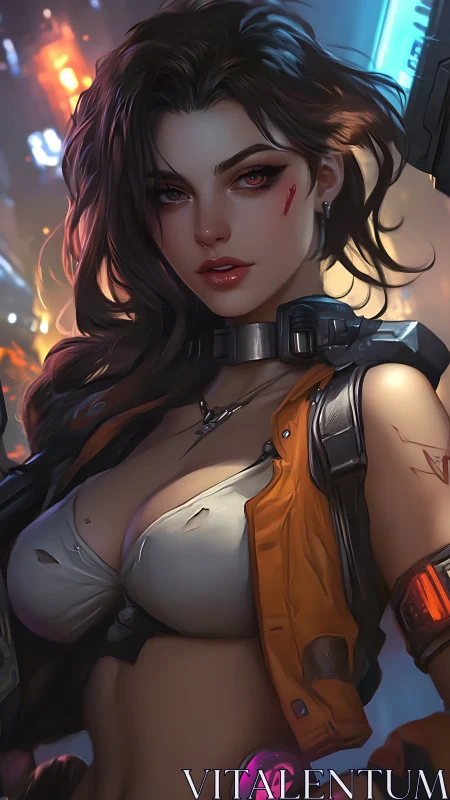 Cybernetic street operative in neon-lit urban skyline portrait.