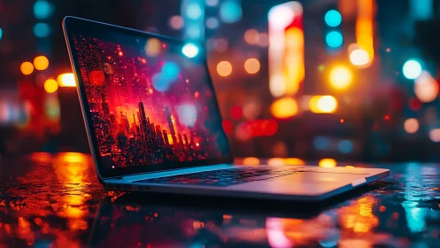 Open laptop on wet surface with neon urban reflections.
