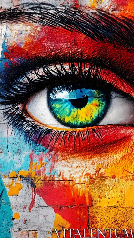 Vivid street mural eye with saturated splashes of color.